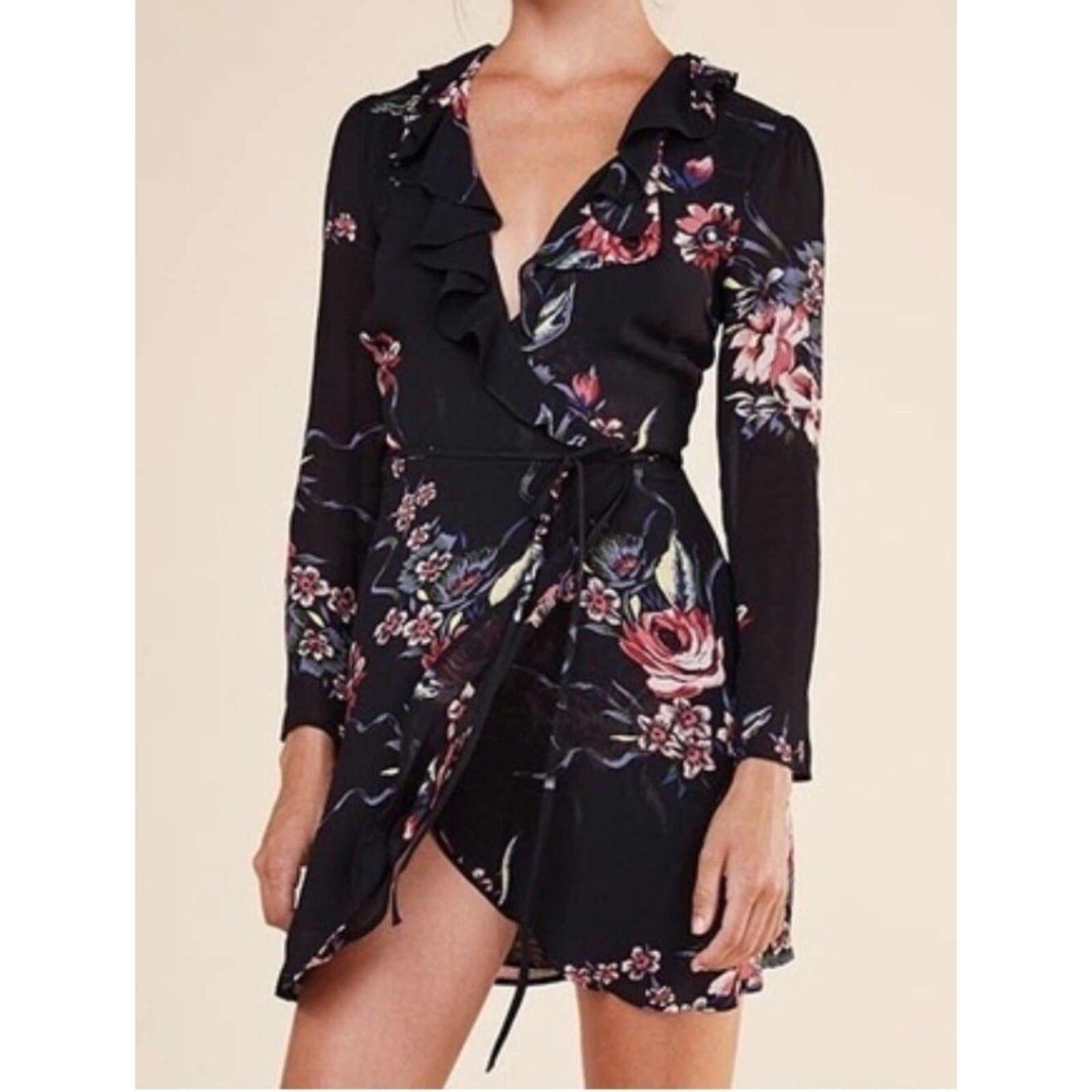 Reformation Black Floral Dickinson Mini Wrap Dress Size S Chic Feminine Workcore